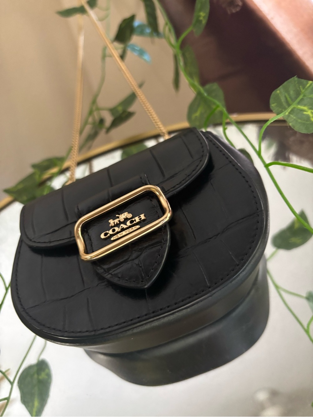 Coach Black Croc-Embossed Leather Micro/Mini Crossbody with Gold Chain Strap